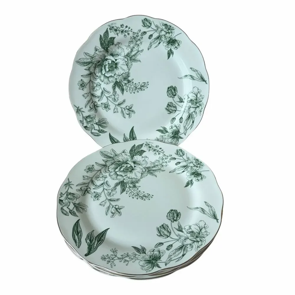 Medici Green Floral Toile Dinner Plates 10.5in Set of 4 Scalloped Porcelain New